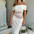 off Neck Mesh Stitching Waist Baring Slim Fit Pleated Hip Dress