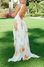 Mariah Floral Print Starfish Brooch Inverted Halter Neck Slit Ruffles Maxi Dress