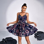 High Class Elegant Sleeveless Sling Cocktail Sequined Short Large Swing Evening Dress