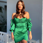 Elyssa Satin Ruffle Mini Dress Emerald