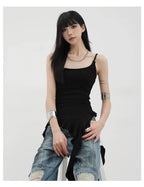 Black Asymmetric Ribbon Strap Tank Top With Ruffle Edge Design