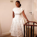 Elegant Advanced Printed Waist Controlled Short Sleeve A line Mid Length Dress