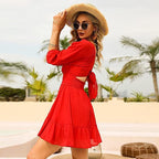 Blythe Gathered Puff Sleeve Dress Red