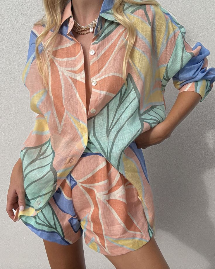 Bella Linen Blend Colorful Unique Print Long Sleeve Blouse and Elastic Waist Pocket Loose Shorts Set