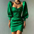 Elyssa Satin Ruffle Mini Dress Emerald