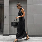 Design Black Thin Soft Matte Satin Swing Collar off Shoulder Elegant Dress Self Tie