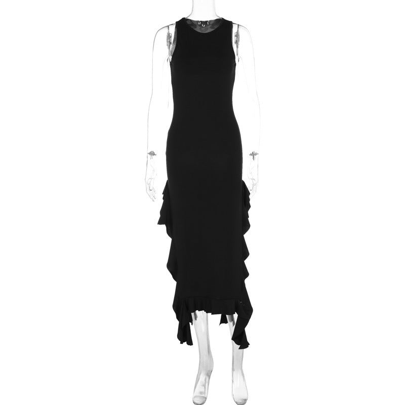round Neck Flounce Slim Fit Slit Dress Girls