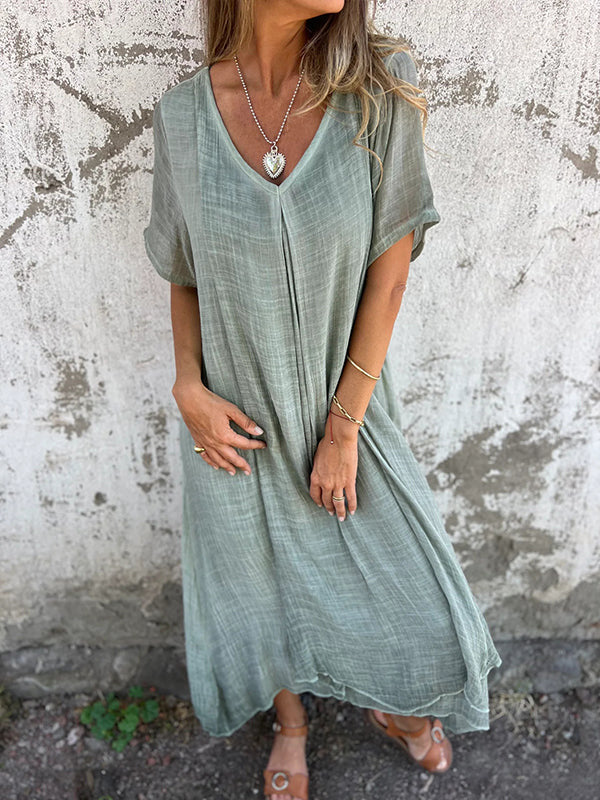 Jimena Minimalist Cotton Linen Dress with V Neck Elevated Occasion Wear