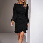 Autumn Winter New Temperament Bubble Long Sleeve Color Dress