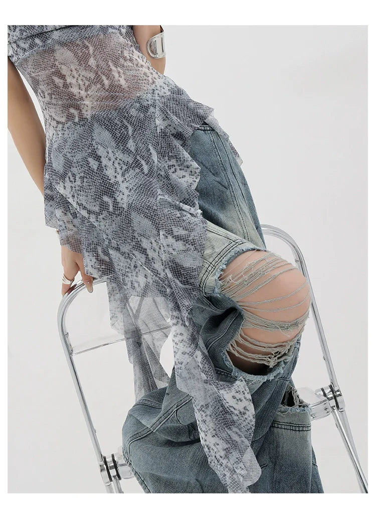 Vintage Distressed And Dirt-Dyed Patchwork Wide-Leg Jeans