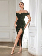 off Shoulder Slim Fit Fold Split Dress
