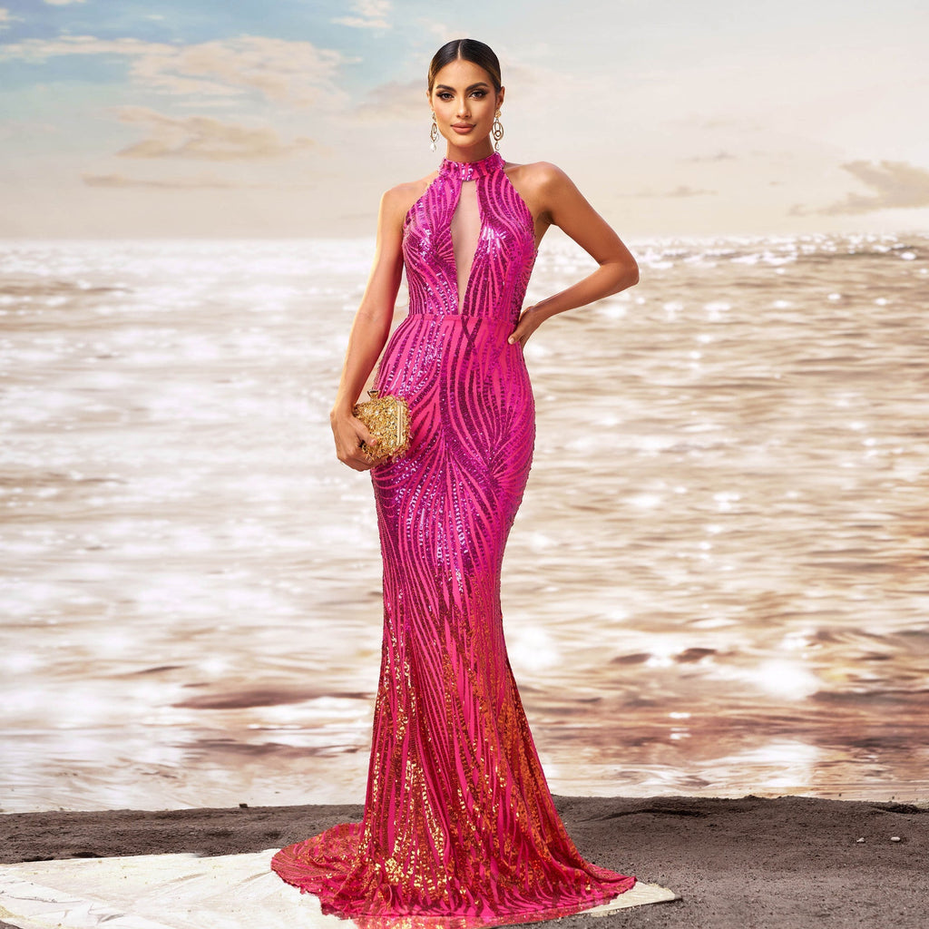 Round Neck Off-Shoulder Slim Fit Hip Sequin Dress