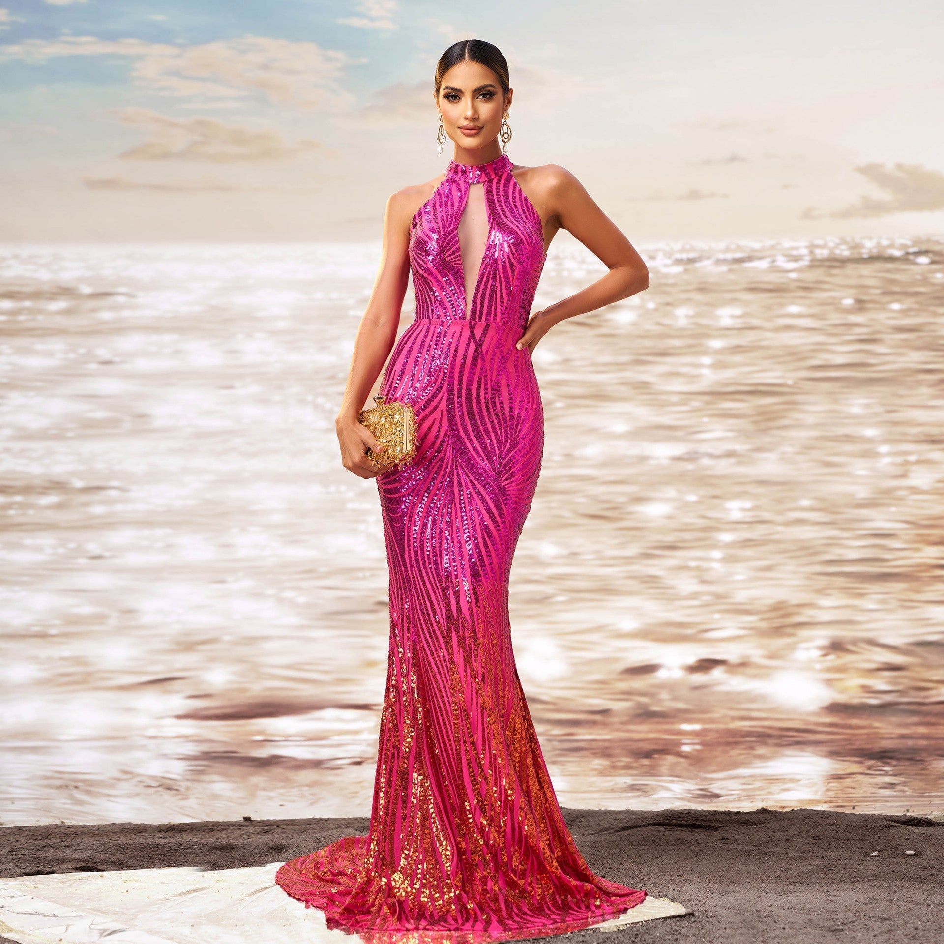 Round Neck Off-Shoulder Slim Fit Hip Sequin Dress