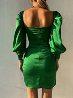 Elyssa Satin Ruffle Mini Dress Emerald