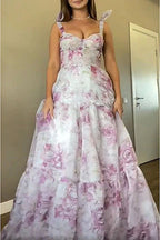 Fairytale Itself Organza Floral Print Tie Strap Maxi Dress