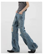 Vintage Distressed And Dirt-Dyed Patchwork Wide-Leg Jeans