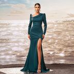 Long Sleeved Diagonal Collar Slim Fit Sheath Cocktail Fishtail Split Evening Dress