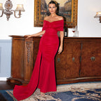 Elegant Red Satin off the Neck Elegant Lady Short Sleeve Long Pattern High Grade Chest Wrapped Evening Dress