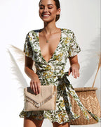 Deep V Neck Short Sleeve Printed Mini Dress