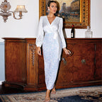High Waist Long Sleeves Elegant V neck Back Slit Maxi Dress Sequined Evening Dress