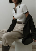 Vienna Line - Ribbed Knit Polo Top with Contrast Trim