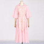 round Neck Wooden Ear Embroidery Tie Neck Slim Waist Solid Color Dress