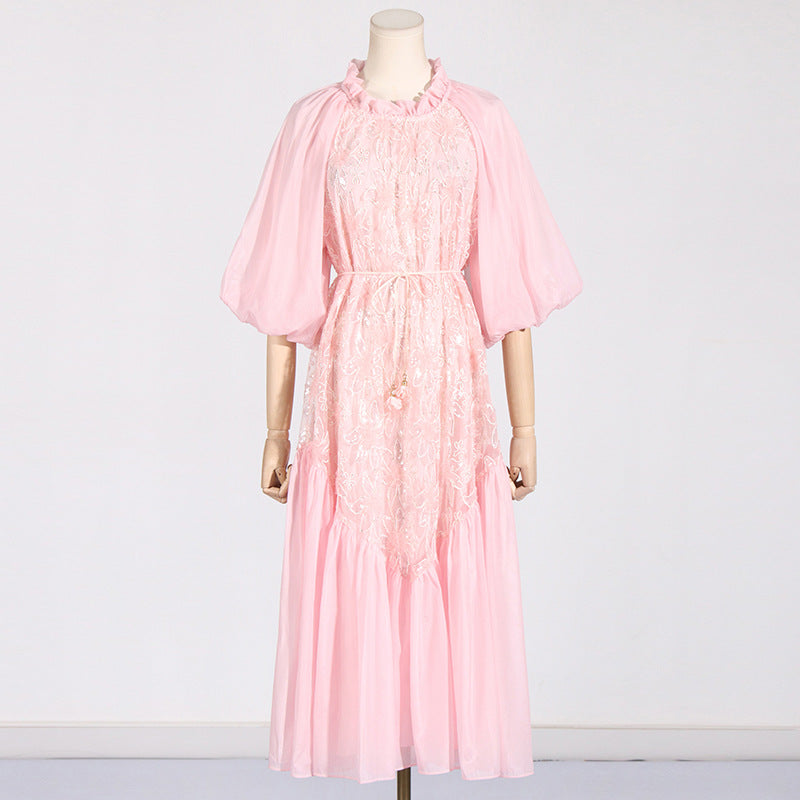 round Neck Wooden Ear Embroidery Tie Neck Slim Waist Solid Color Dress