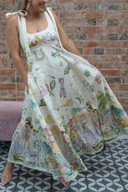 Euro Summer View Linen Blend Unique Print Tie-up Straps Pocket Midi Dress