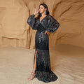 French Maxi Dress Long Sleeve Sequined Evening Dress Chiffon V neck Split Waist Fitted