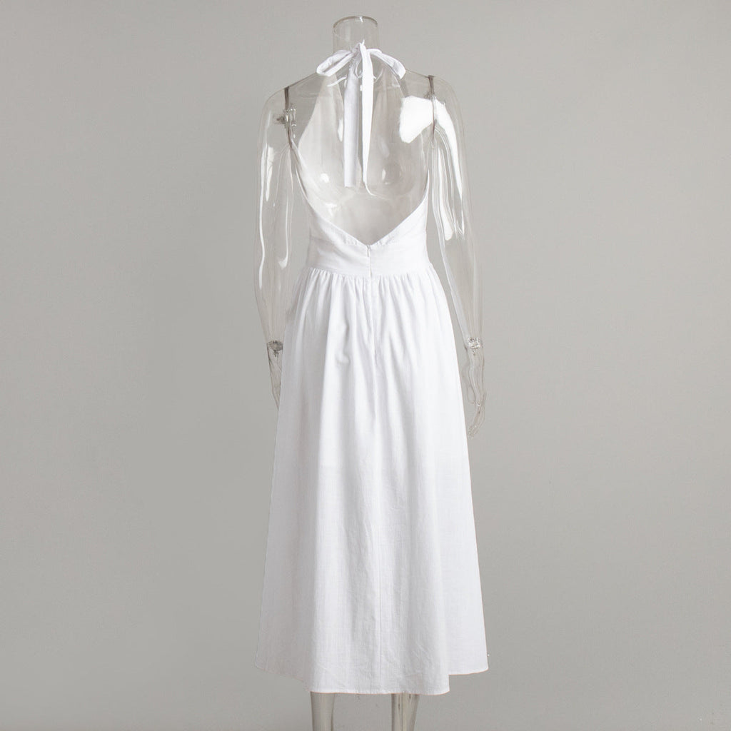 Cotton Waist V-Veck Tie-Down Dress