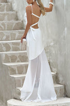 Fable Satin One Shoulder Back Adjustable Straps Contrast Chiffon Hem Maxi Dress