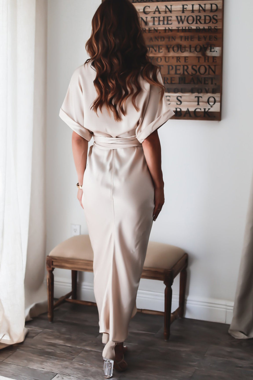 Luv Satin Tie Front Midi Shirt Dress Champagne