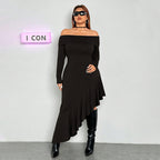 Elegant Dress Boat Collar Wooden Ear Midi Dress