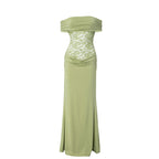 Women's Spring/Summer New Solid Color Off Shoulder Splicing Lace Extra Long Slimming Dress