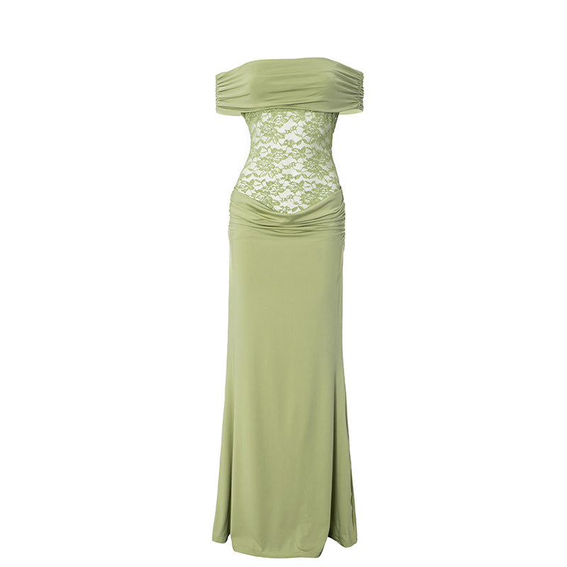 Women's Spring/Summer New Solid Color Off Shoulder Splicing Lace Extra Long Slimming Dress