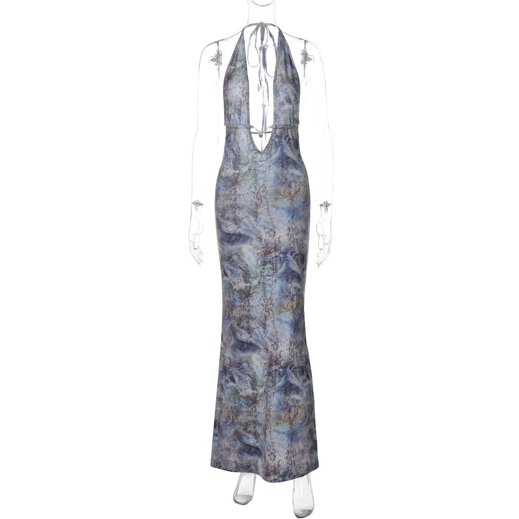 Printed Backless Slim Fit Split Lace up Dress