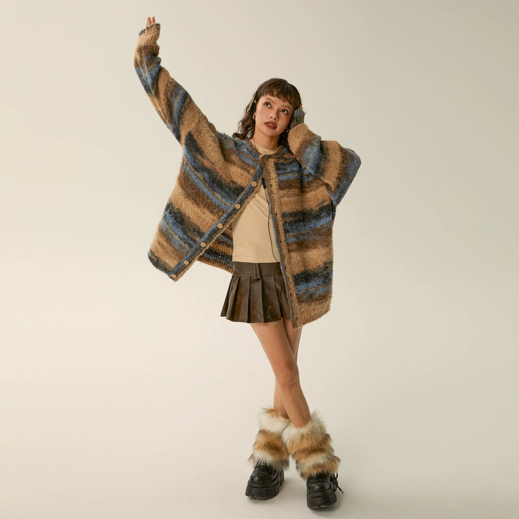 Oversized Fuzzy Striped Button-Up Cardigan