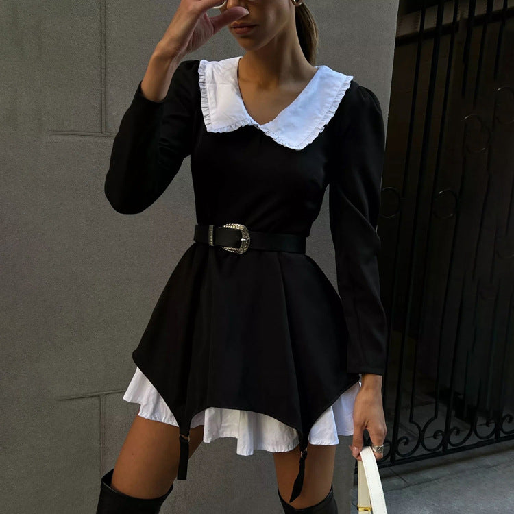 High End French Long Sleeve Doll Collar Dress Niche Faux Two Piece Dress