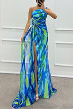 Fairy Watercolor Design Printed Feather Rose Details Off Shoulder Sexy Folded Open Skirt