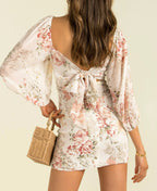 Emberly Linen Floral Puff Sleeve Mini Dress Ivory Multi