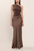 Kaia Satin Contrast Fabric Patchwork One Shoulder Ruched Maxi Dress