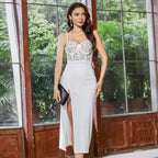 Rhinestone Beaded Dress Sheath Tight Split Boning Corset Tube Top Dress