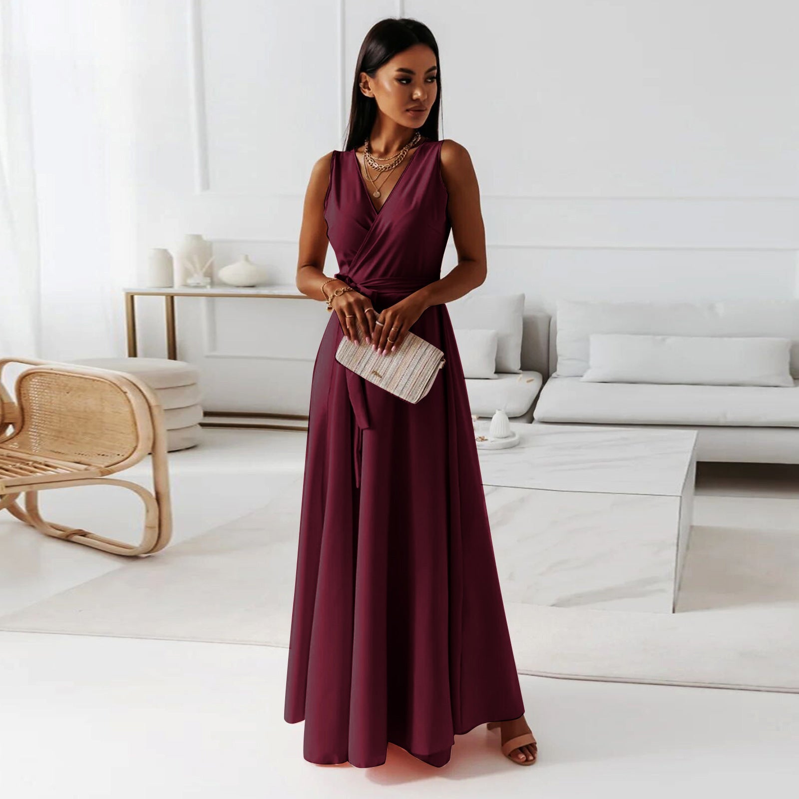 Edvige Timeless Women's Solid Color V Neck Long Dress Elevated Occasion Wear