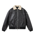 PU Leather Jacket with Lamb Wool Collar