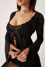 Elegant Knitted Cutout V Neck Lace Up Long Sleeves Cover Ups