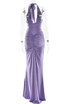 Solid Color Elegant Halterneck V-neck Open Back Tie Gathered Maxi Dress