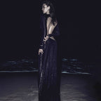 Wear Black Long Sleeve Scorpion Backless Slit Silver Silk Dress