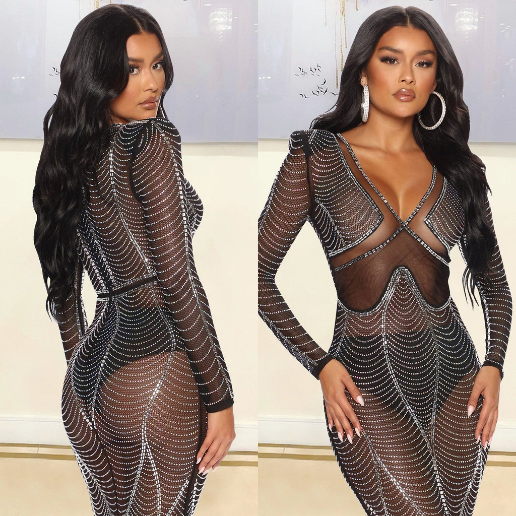 Magaly Aesthetic Women's Evening Dress Made of Mesh with Rhinestone Decorations Designer Edit