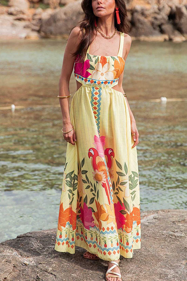 Resort Style Unique Print Sexy Square Neck Backless Waist Maxi Dress