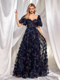Evening Wear High Grade Floral U Neck Evening Dress Short Sleeve Slim Fit Party Cocktail